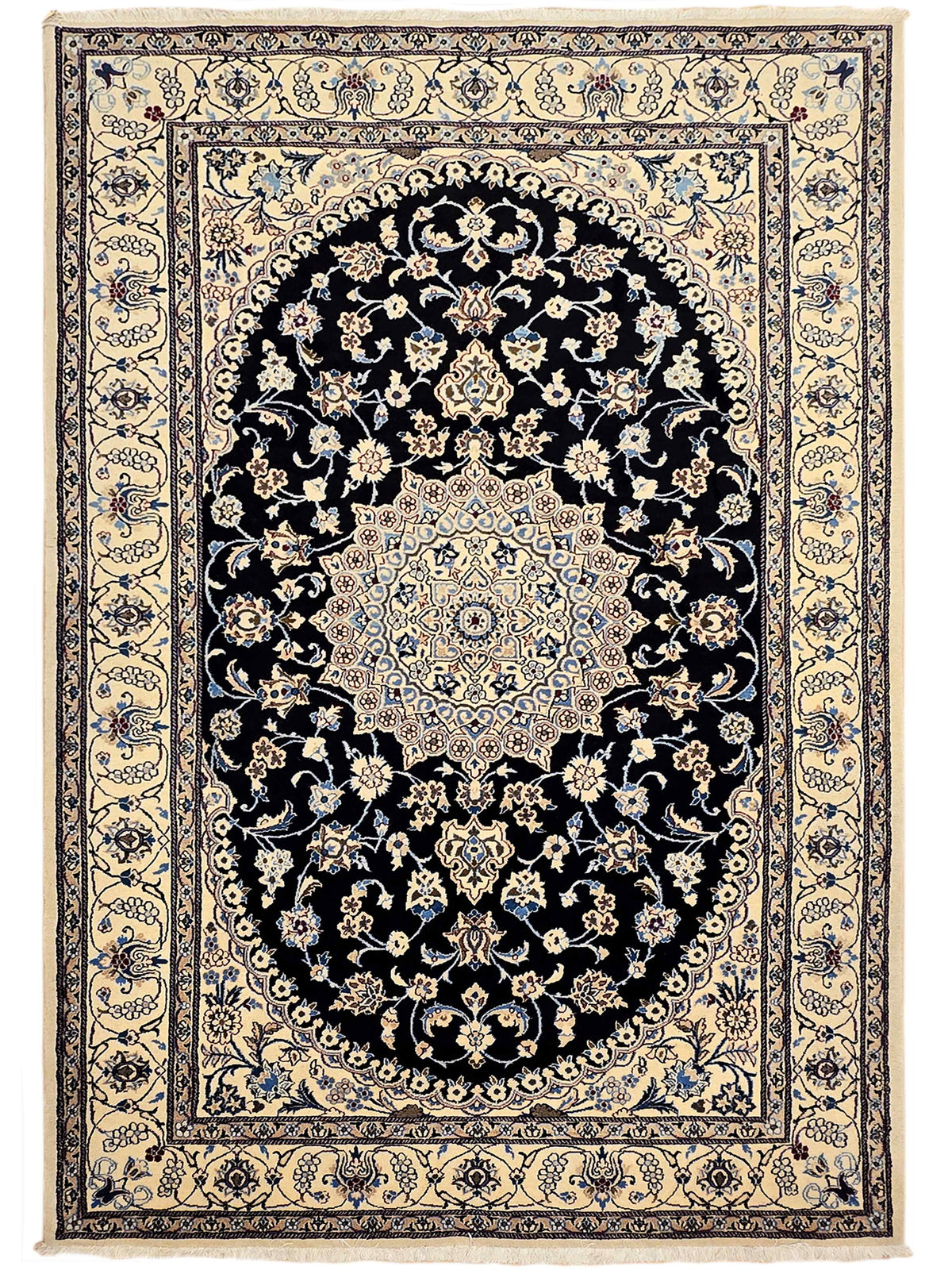 Decorative Nain rug with black oval medallion, cream border, blue floral accents