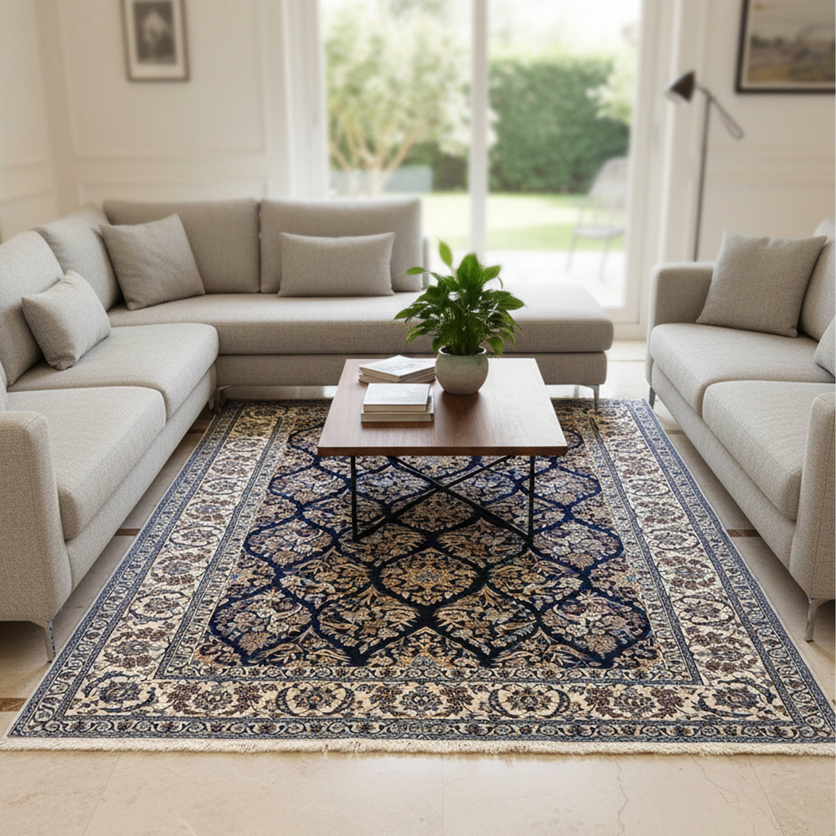 Blue and cream floral rug with central medallion, ornate border, and fringe edge