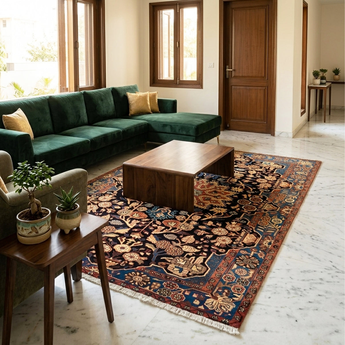 Nahawaand rug with ornate multicolor medallion design, dark ground, decorative border, short fringe.