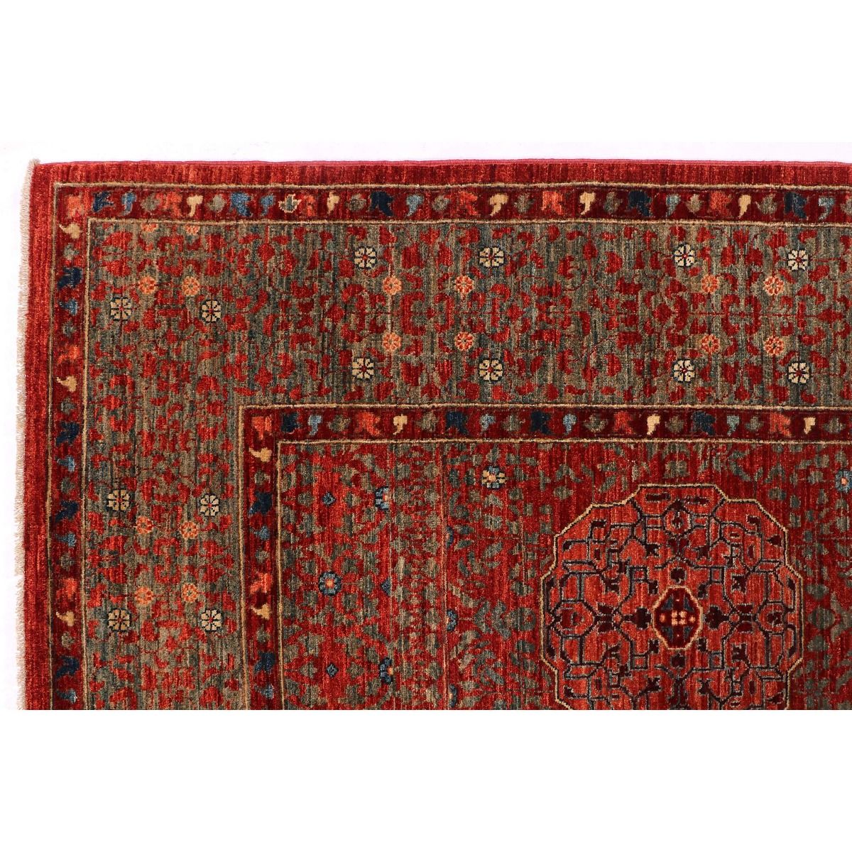 Mamluk rug corner edge with red ground, ornate border, and diamond motifs