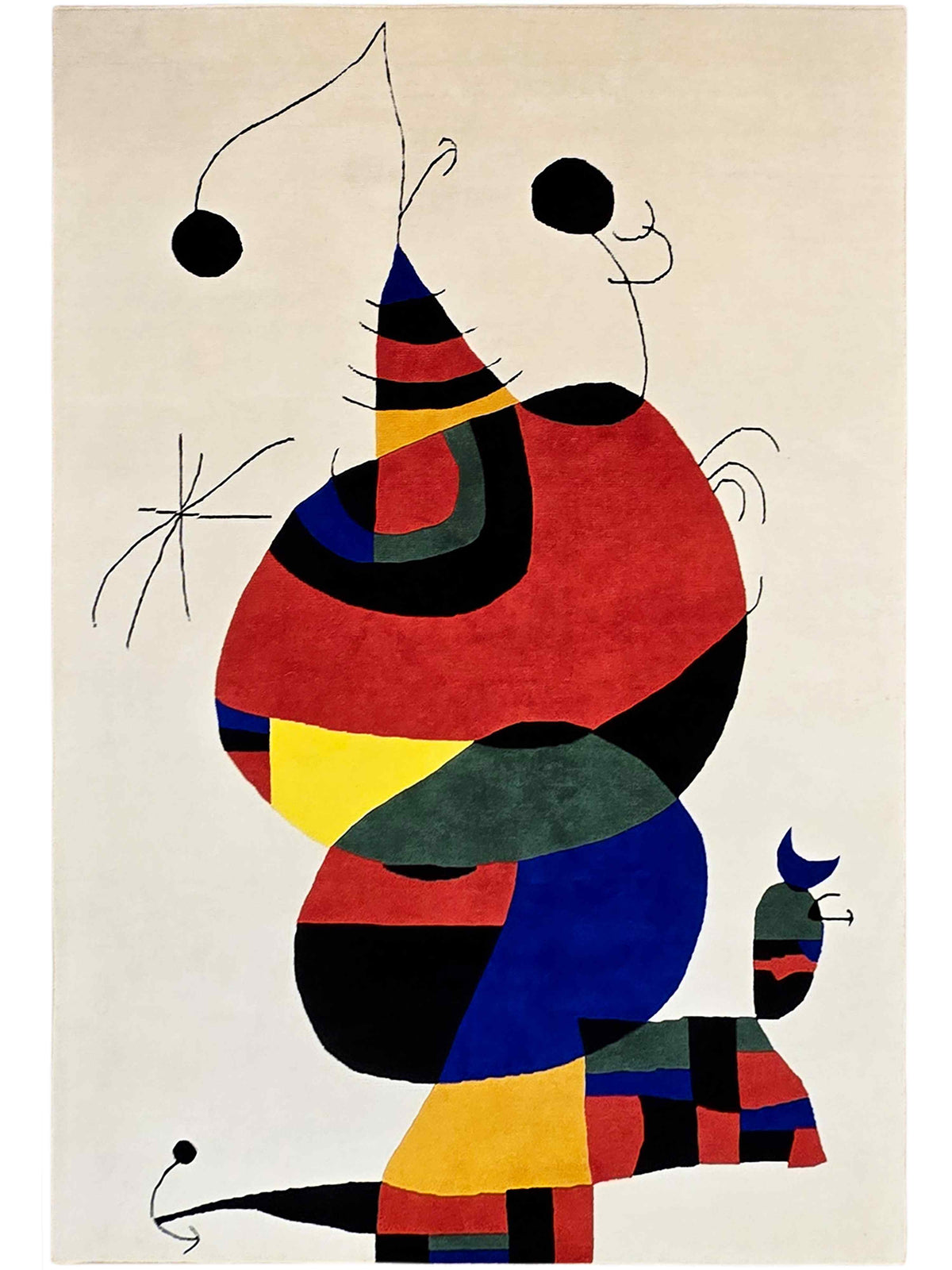 Abstract area rug with off-white background and bold red, blue, black, yellow cat shapes