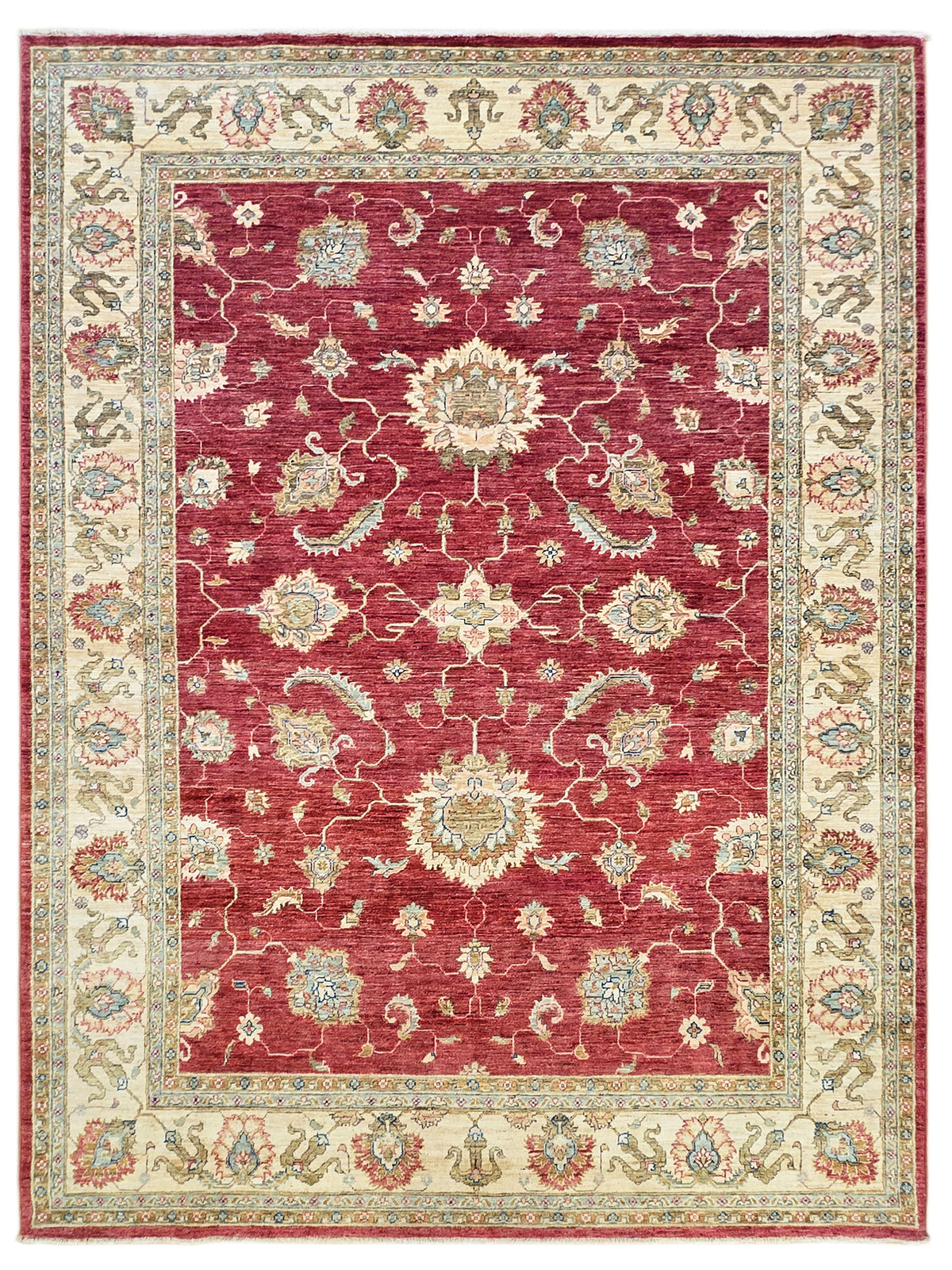 Square-style red rug with cream decorative frame and symmetrical floral medallions.