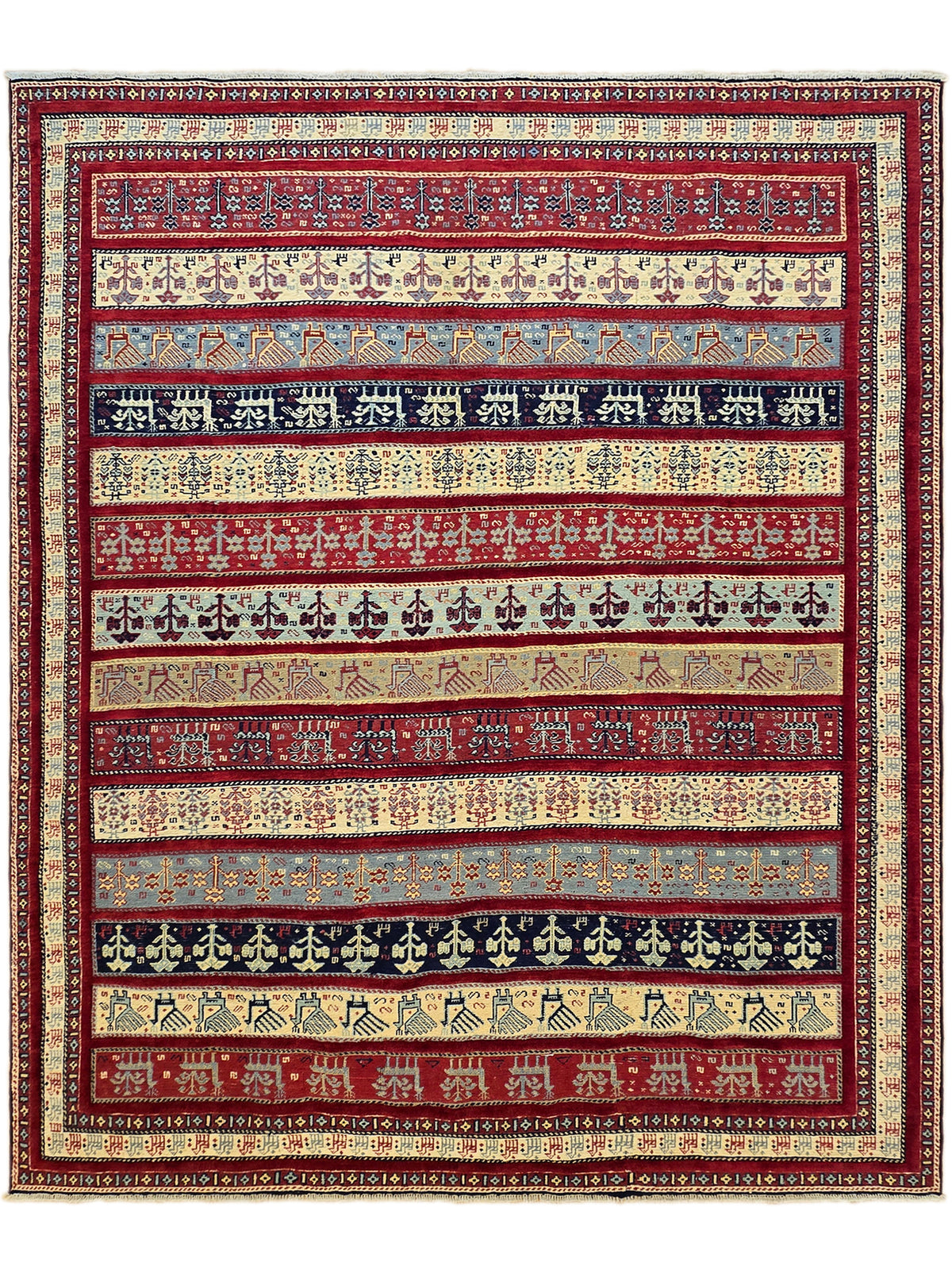 Patterned rug with alternating red, blue, cream, and gold decorative rows
