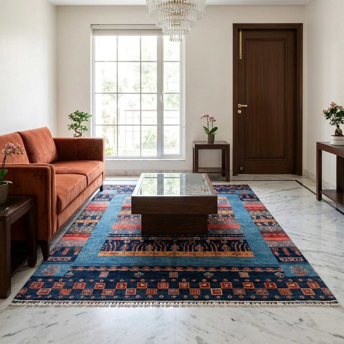Gabbeh Afghan rug with navy blue center panels, red orange bands, and white fringes