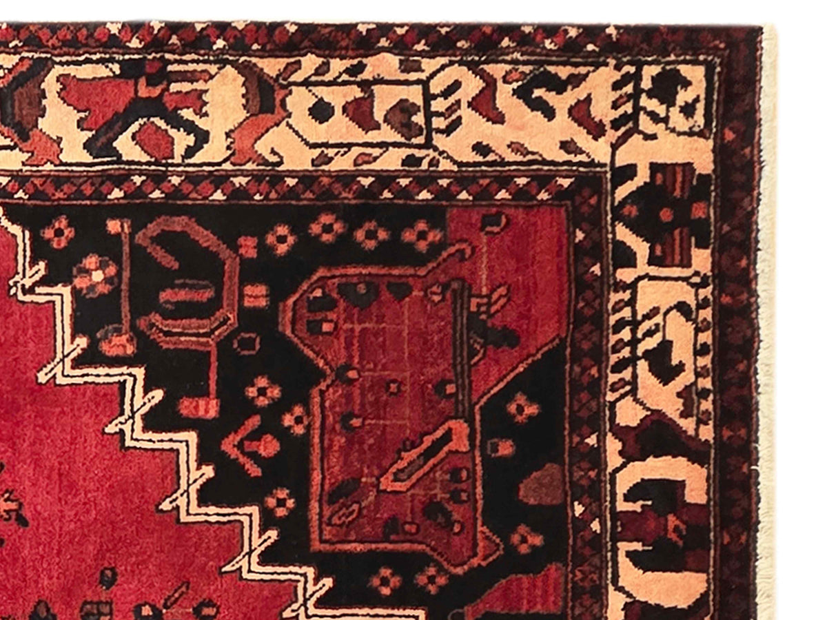 Red rug section with black medallion motif, beige shapes, and patterned border