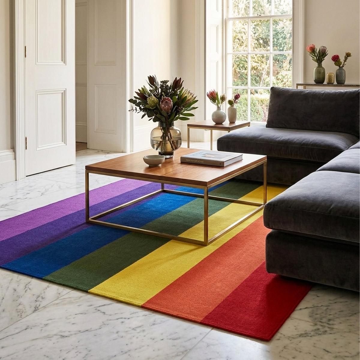Striped area rug under living room furniture layout, featuring purple, blue, green, yellow, red