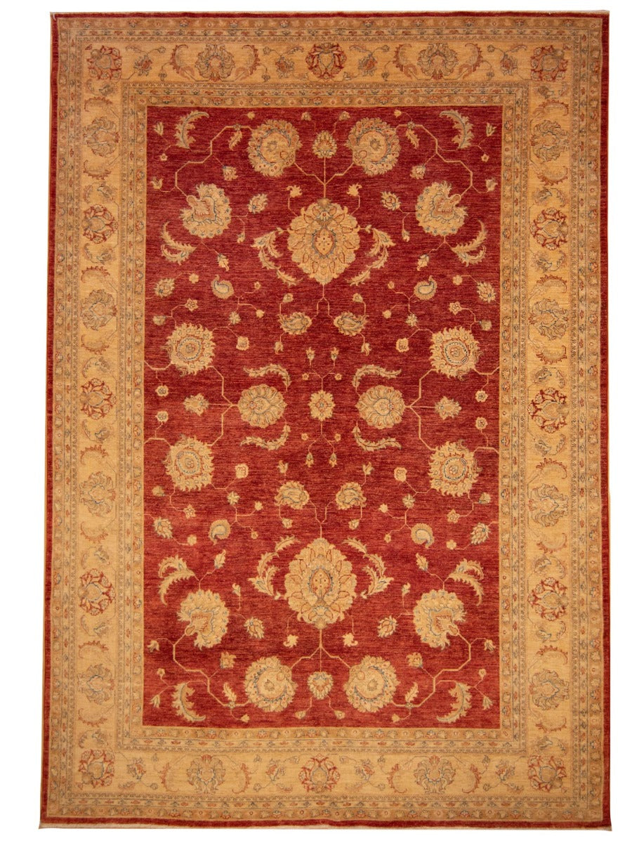 Large Ziegler rug with red floral medallion pattern and beige border, rectangular.