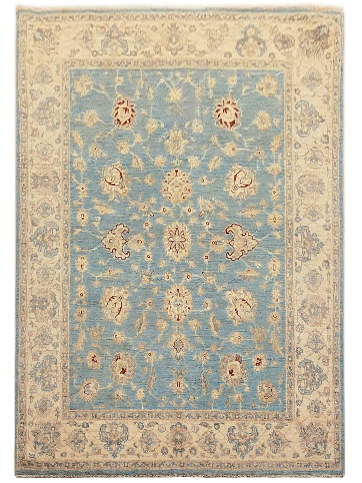 Rectangular light blue area rug with cream frame border and scattered florals