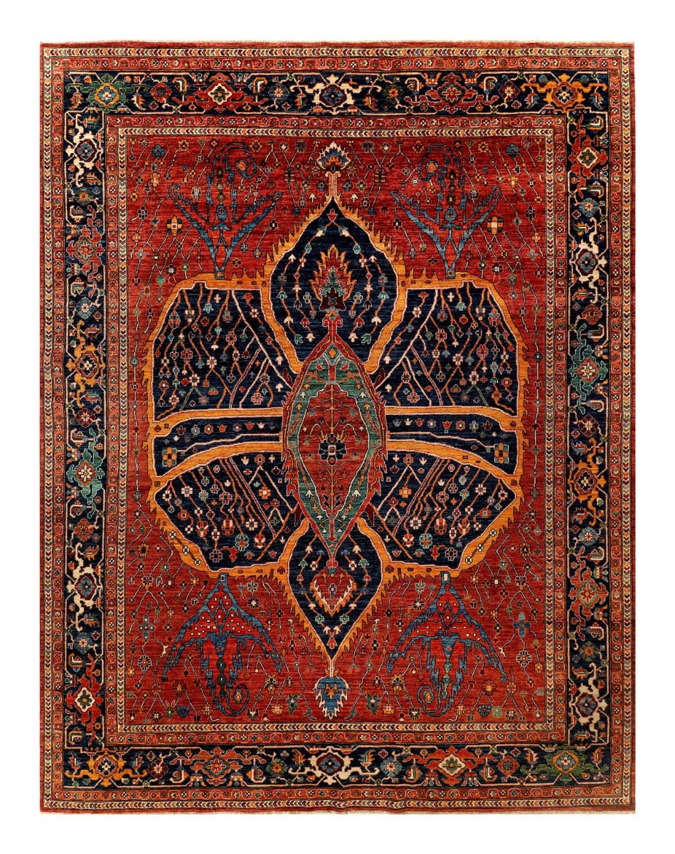 Heriz Serapi oriental area rug, red field with navy and teal geometric medallions, ornate border