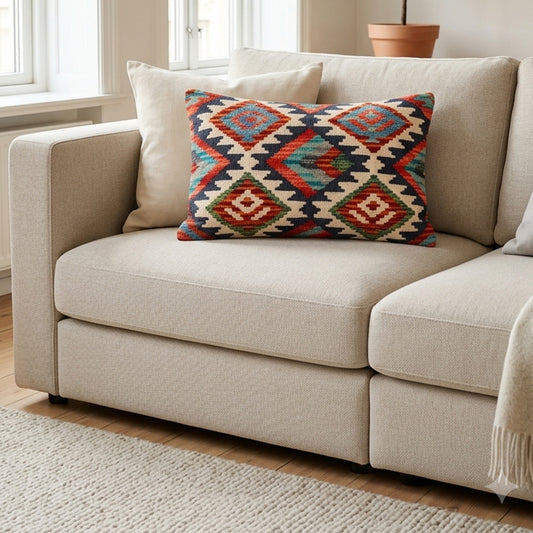 Kilim cushion cover 35x55 cm on sofa, multicolor geometric diamond pattern