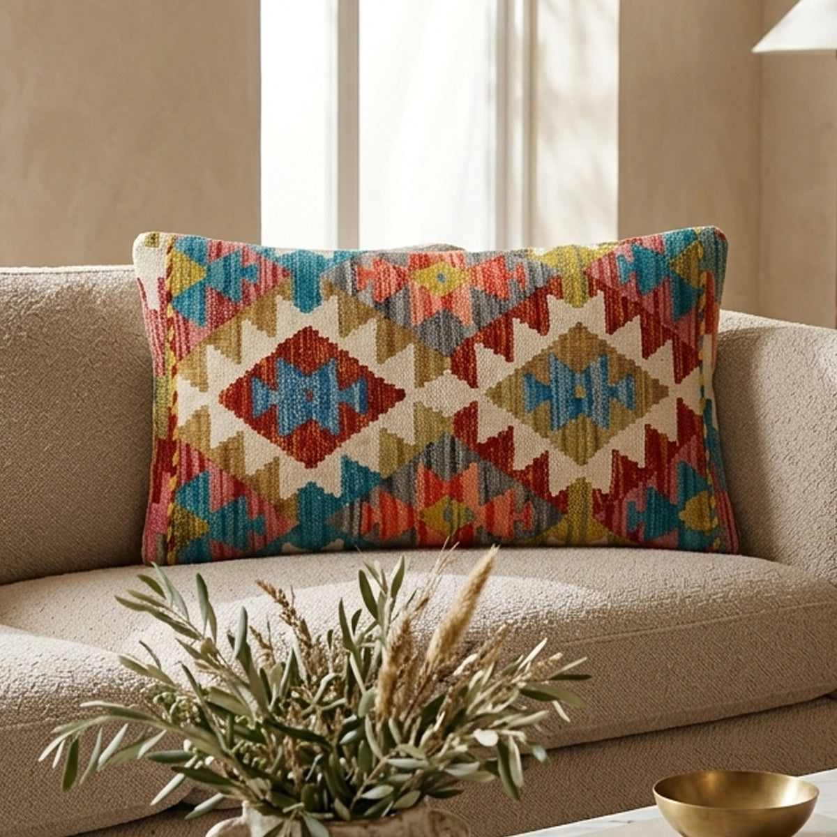 Turquoise kilim cushion cover with woven geometric diamonds in rust, gold, cream and blue
