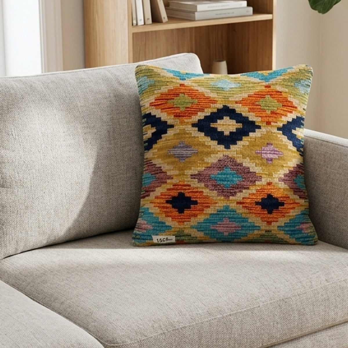 Kilim cushion cover 35x55 cm with colorful geometric pattern on yellow base
