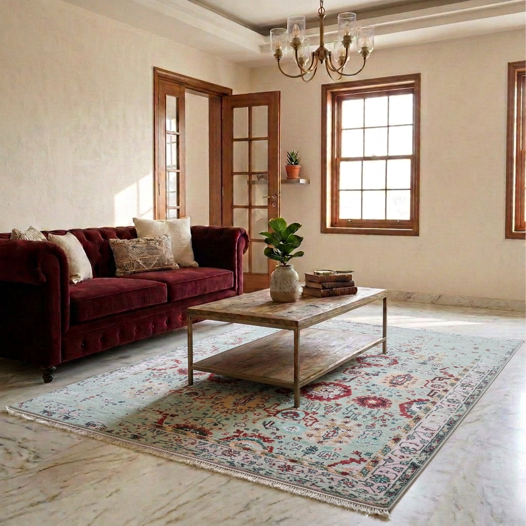Oushak rug on floor with light blue-gray distressed design, red medallions, and patterned border