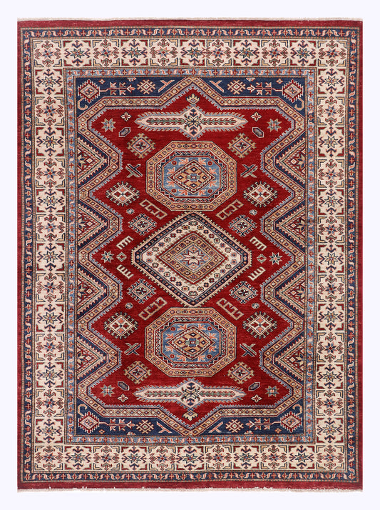 Red Kazak rug 206x150 cm with geometric medallion and patterned border