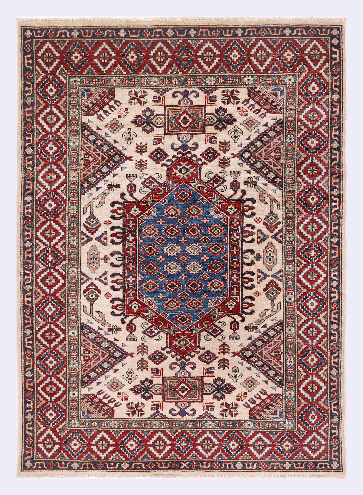 Blue Kazak area rug with red border and geometric medallion pattern