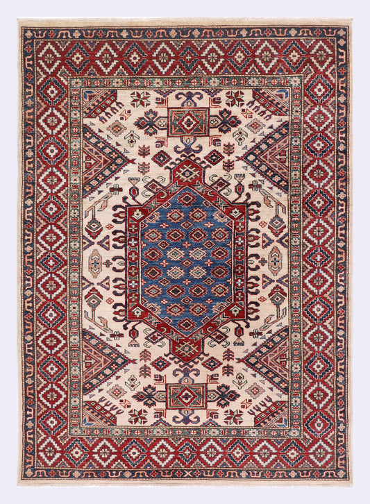 Blue Kazak area rug with red border and geometric medallion pattern