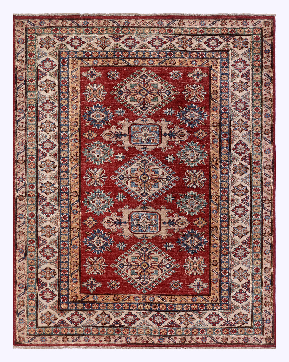 Super Kazak red rug 198x155 cm, red center medallion with blue and cream border