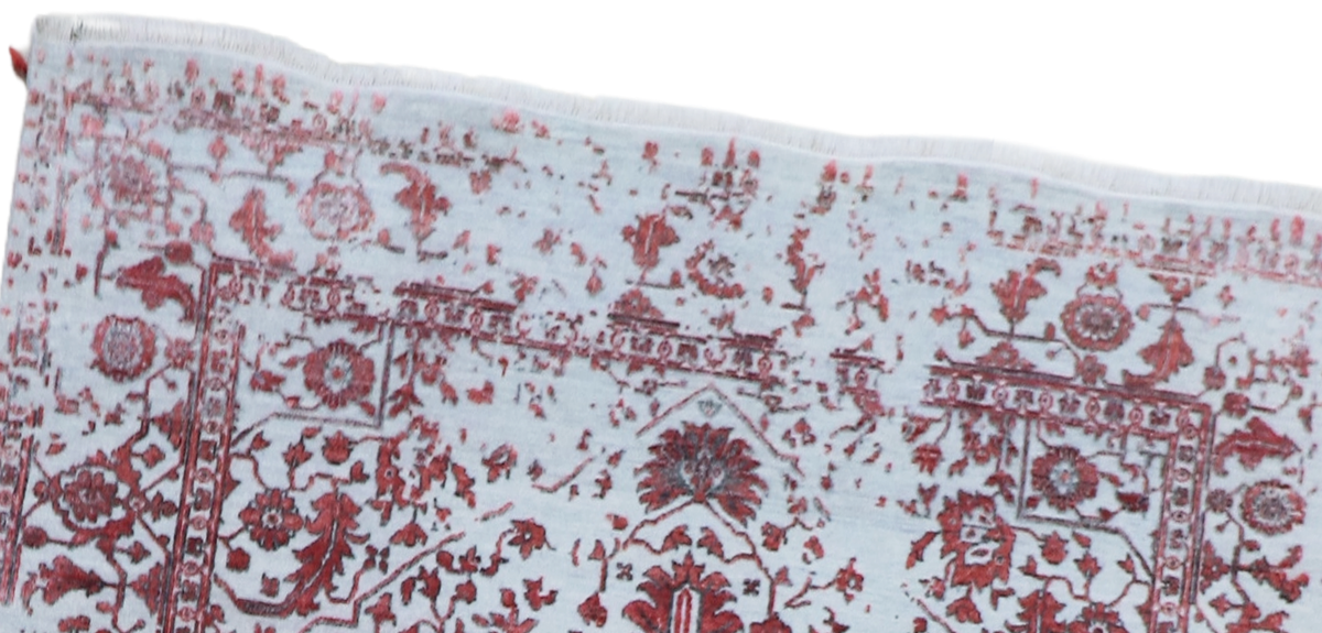 Rectangular area rug with distressed red ornamental panel and border on light background