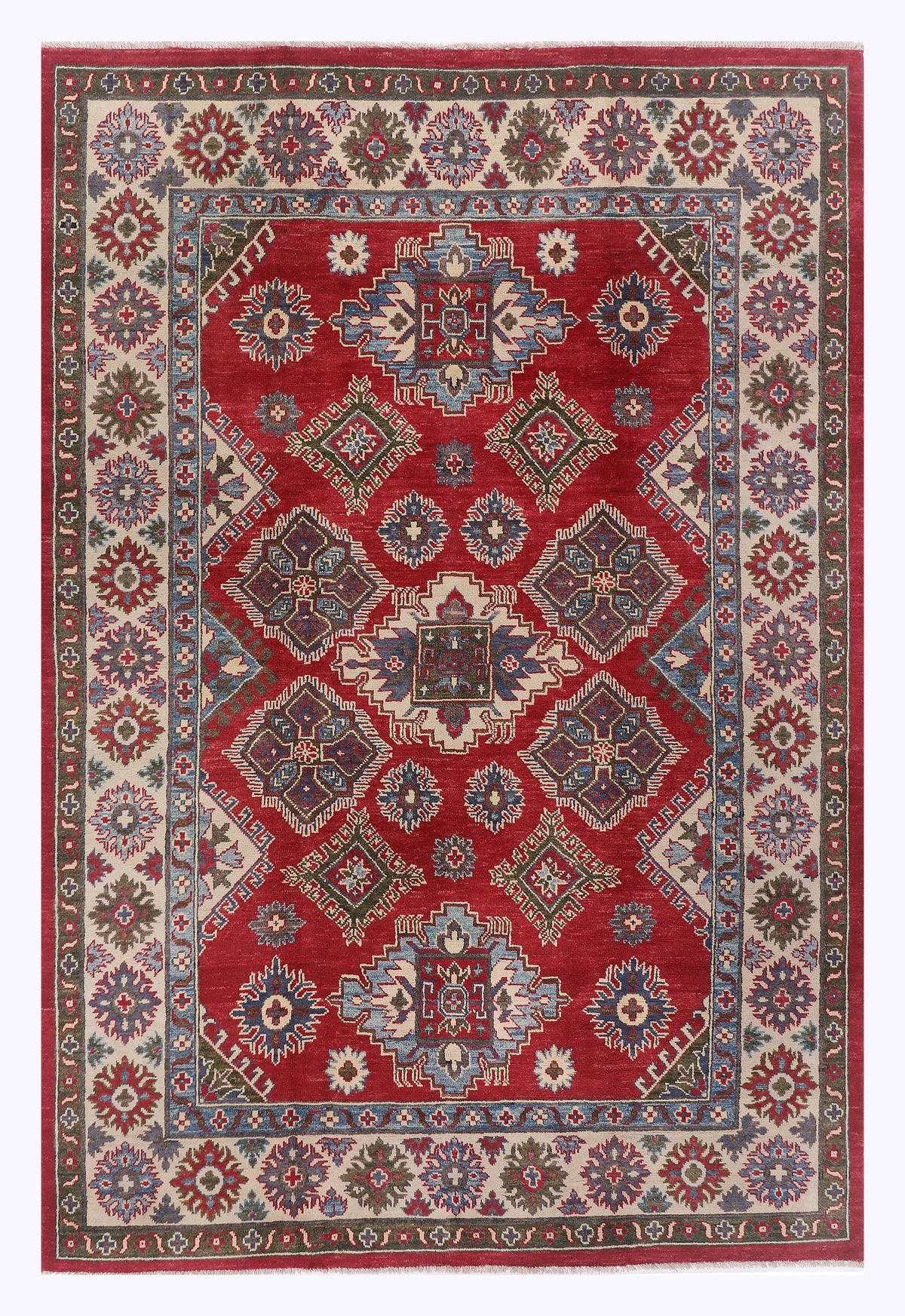 Red geometric medallion area rug with navy border and floral accents, rectangular