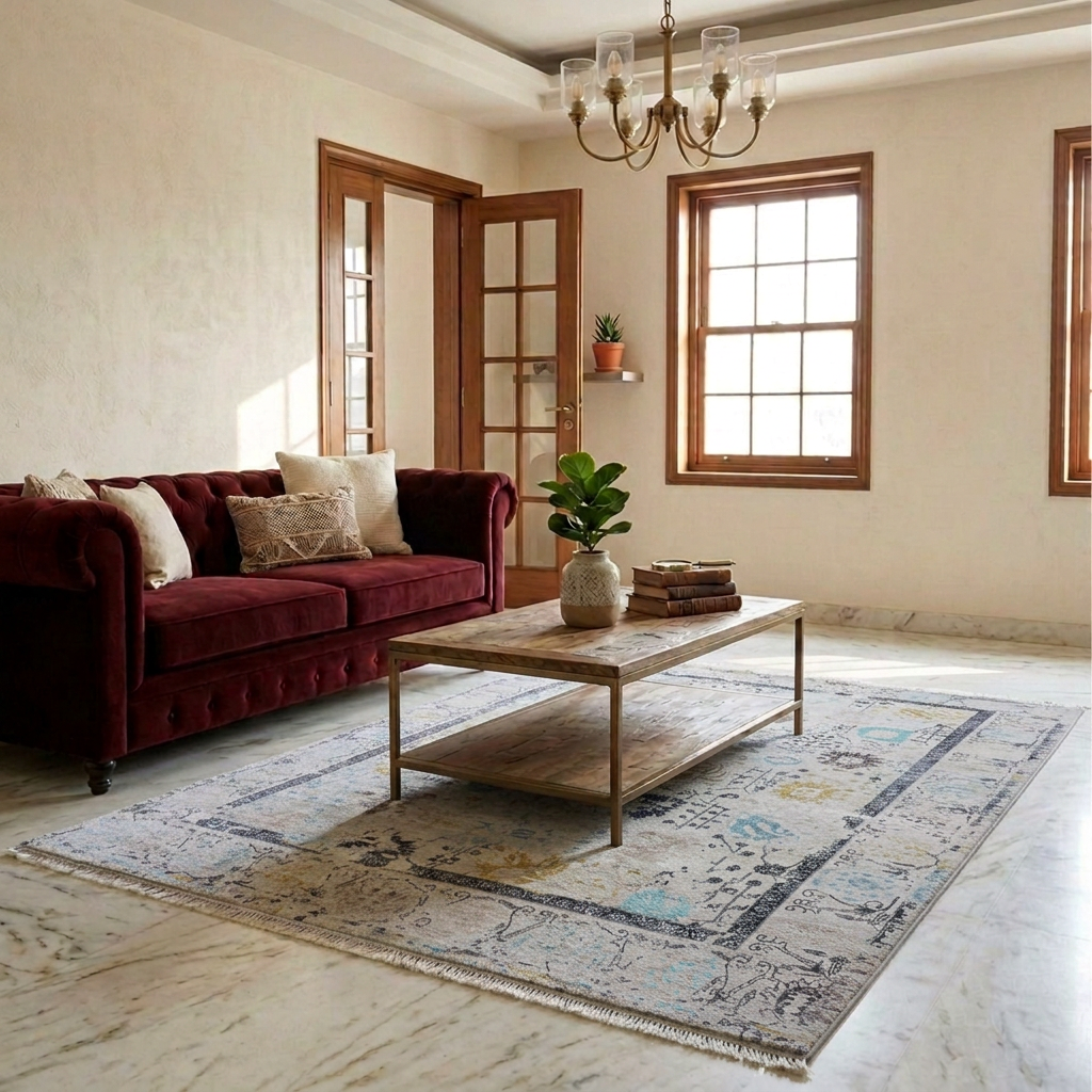 Ornate light gray area rug with blue and yellow patterns laid on a living room floor.