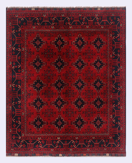 Red geometric rug with ornate border, 186x147 cm