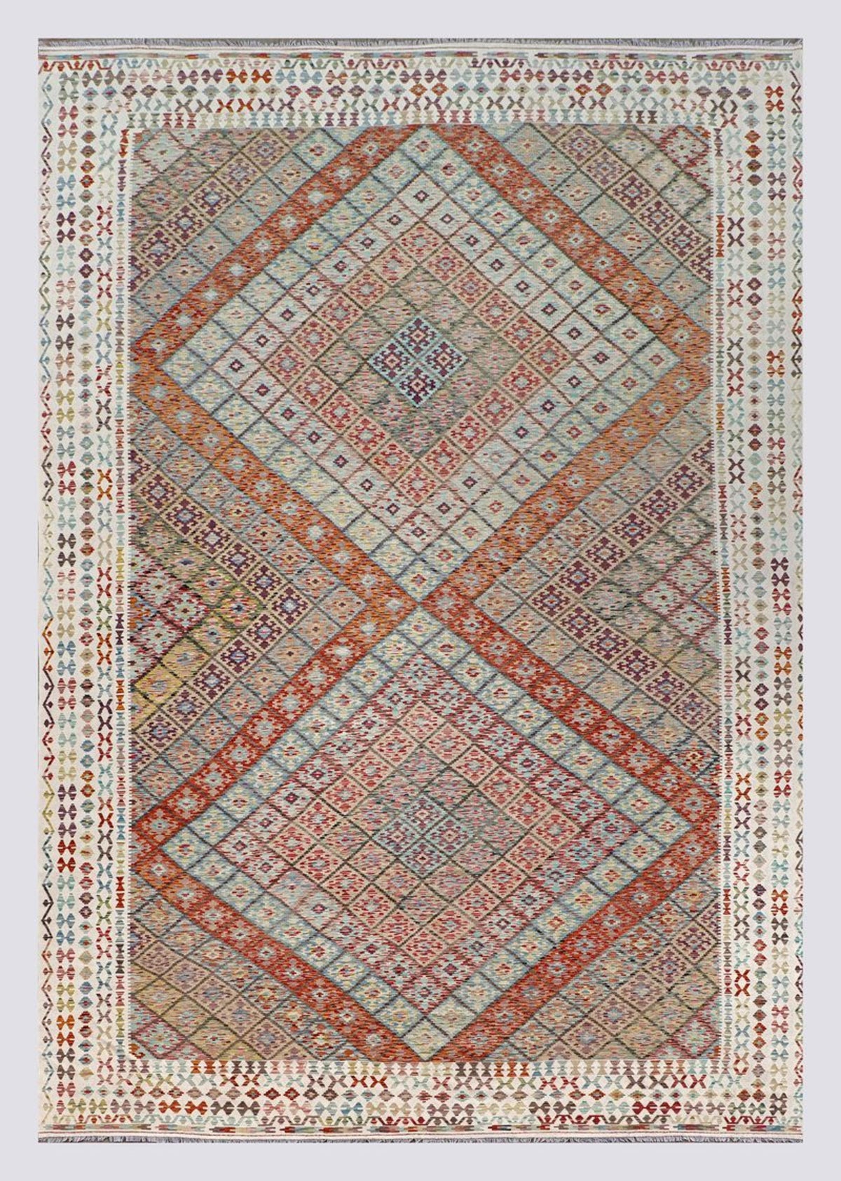 Beige kilim rug with diamond medallion pattern, geometric border, large rectangle.