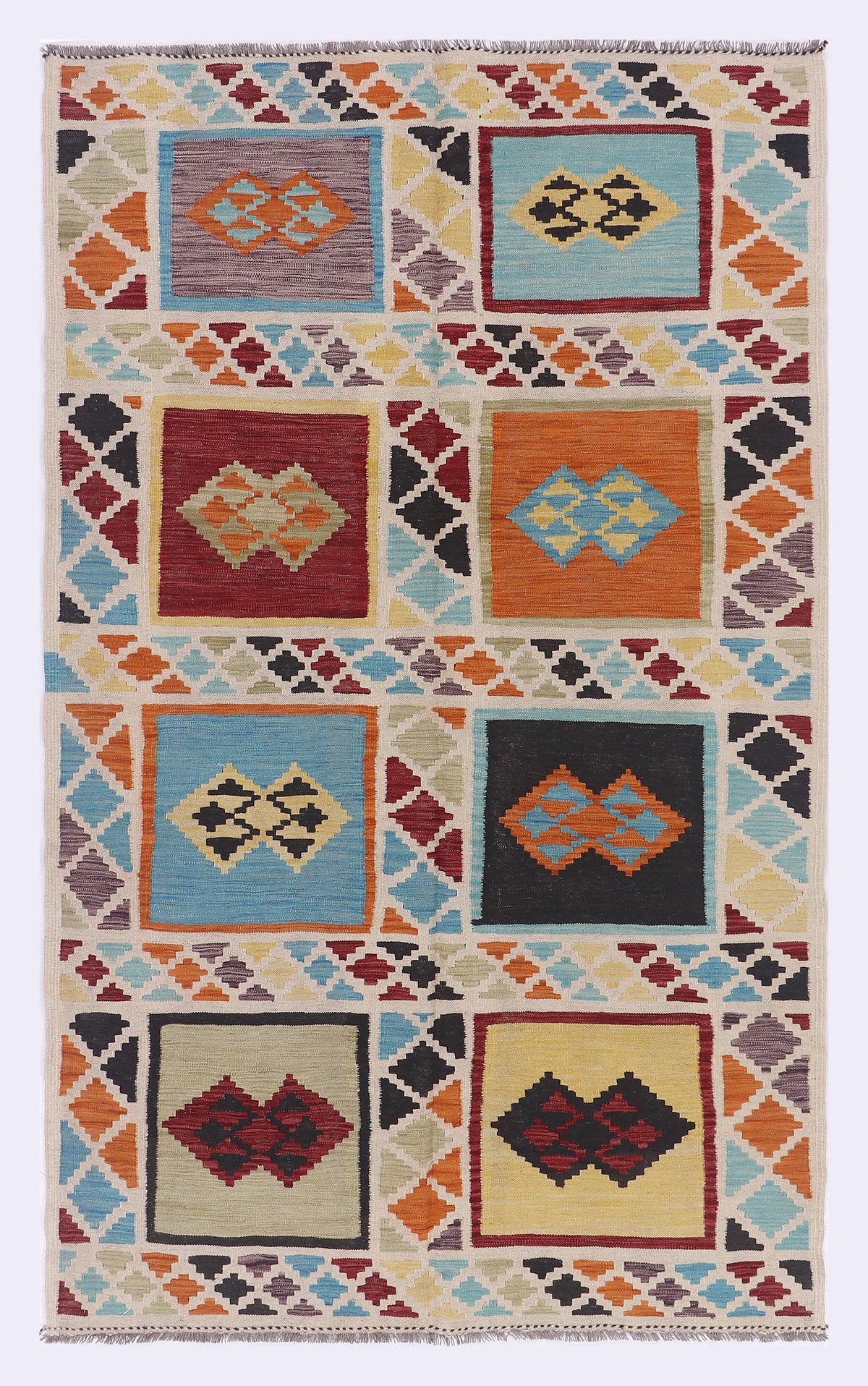 Multicolor kilim rug with geometric square motifs, 222x134 cm.