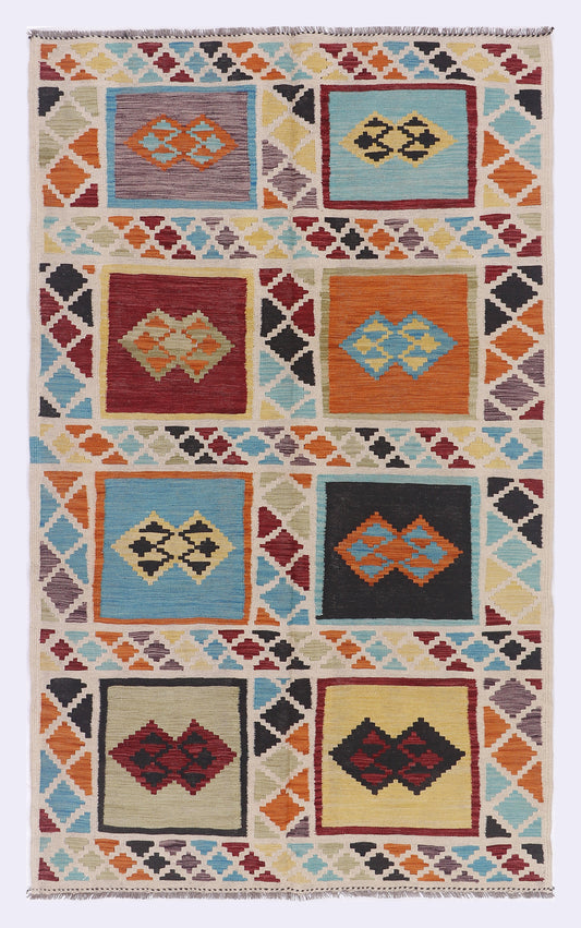 Multicolor kilim rug with geometric square motifs, 222x134 cm.