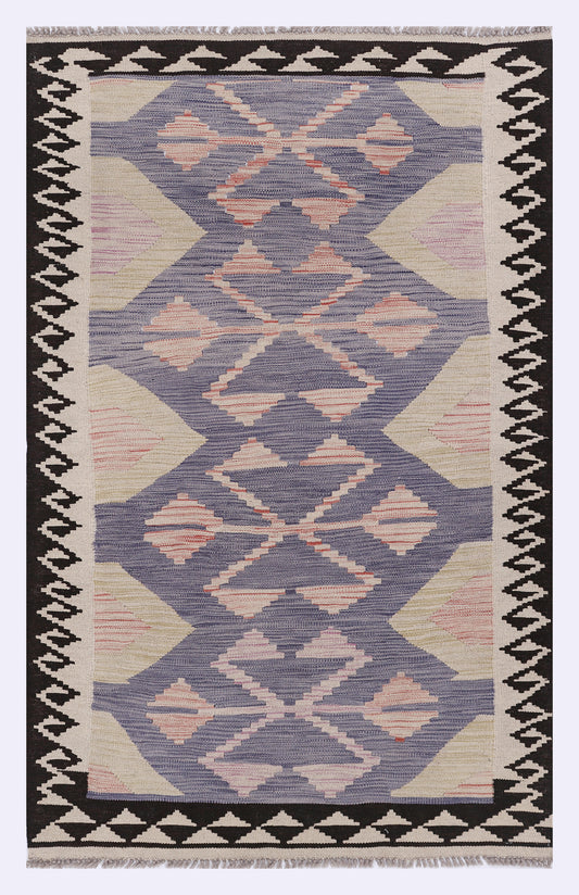 Purple kilim rug, 160x100 cm, geometric diamond pattern with black border.