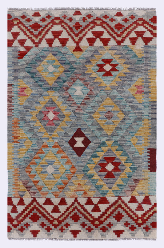 Grey kilim rug with red, blue, yellow diamond pattern, 157x101 cm