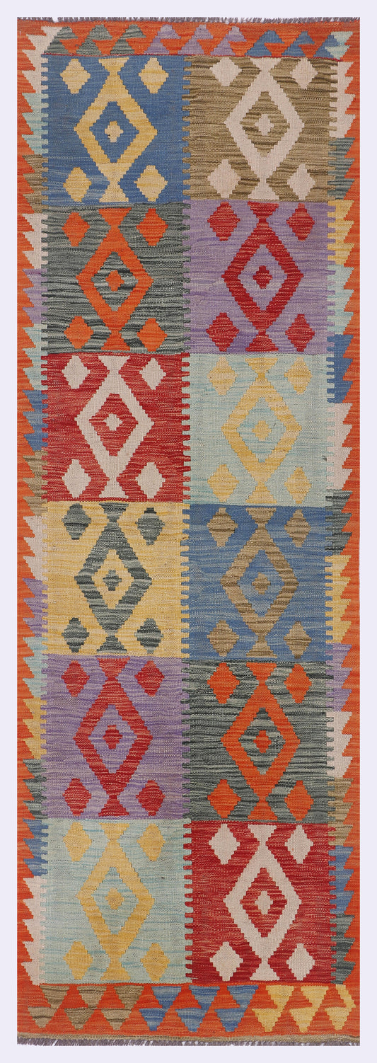 Mosaic path kilim rug, long runner with geometric multicolor pattern, 252x84 cm