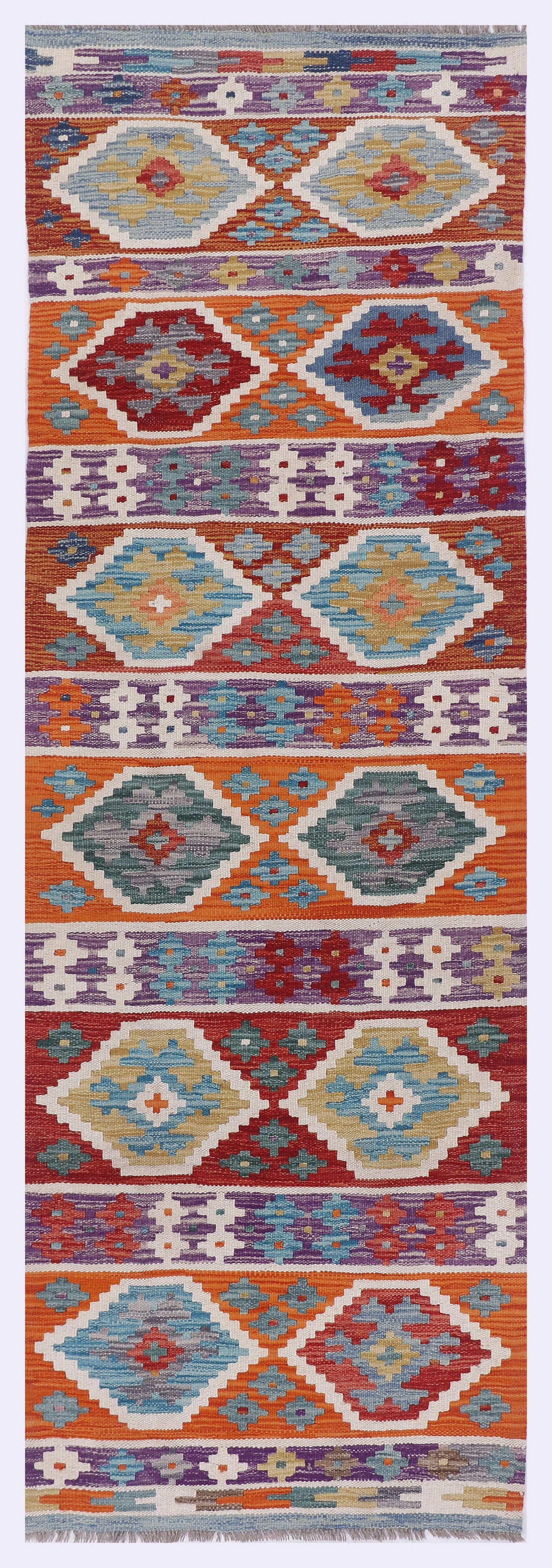Geometric kilim rug with multicolor diamond and border pattern, rectangular flatweave