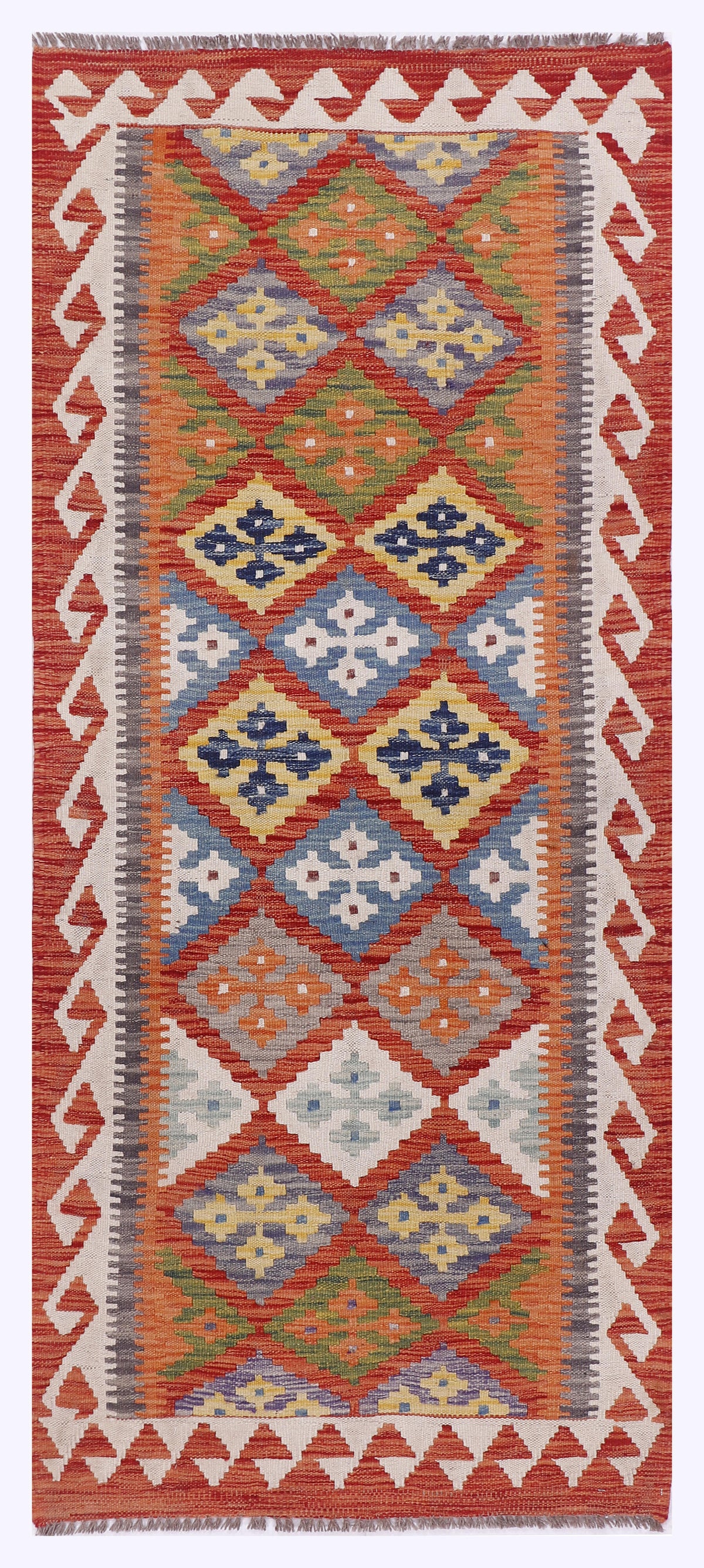 Orange kilim rug, 195x83 cm, geometric diamond pattern with blue and red accents