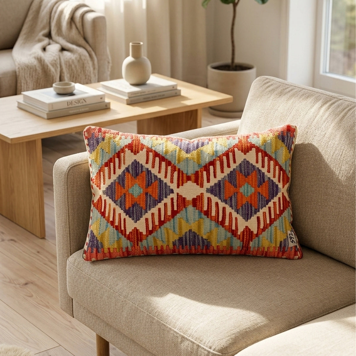 Geometric kilim cushion cover in red, blue, orange and yellow on a sofa