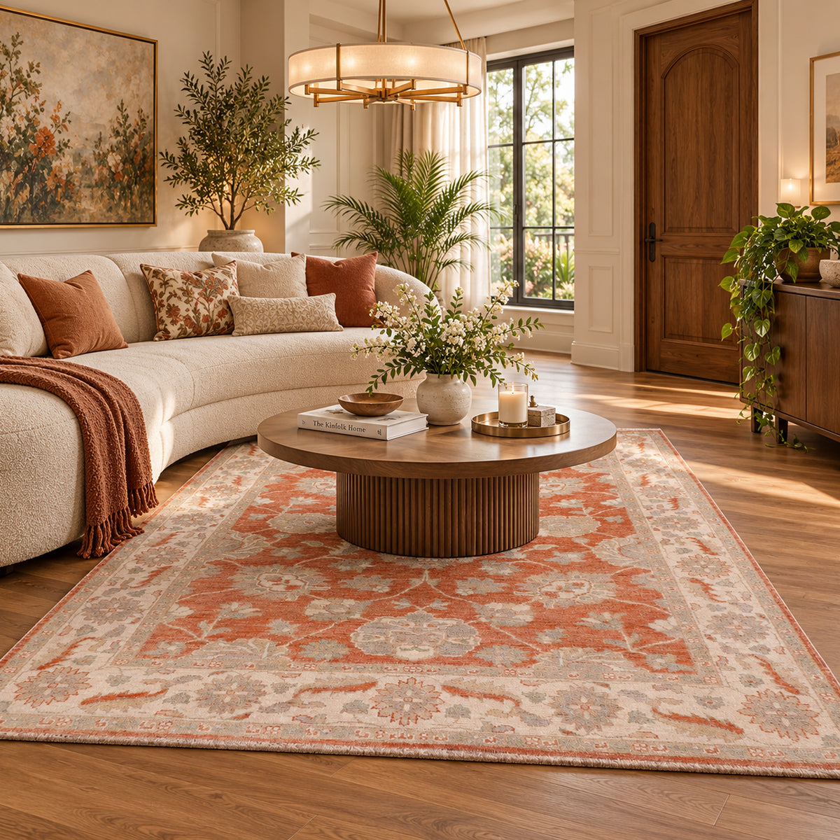 Terracotta and cream ornate patterned area rug for living room, large size.