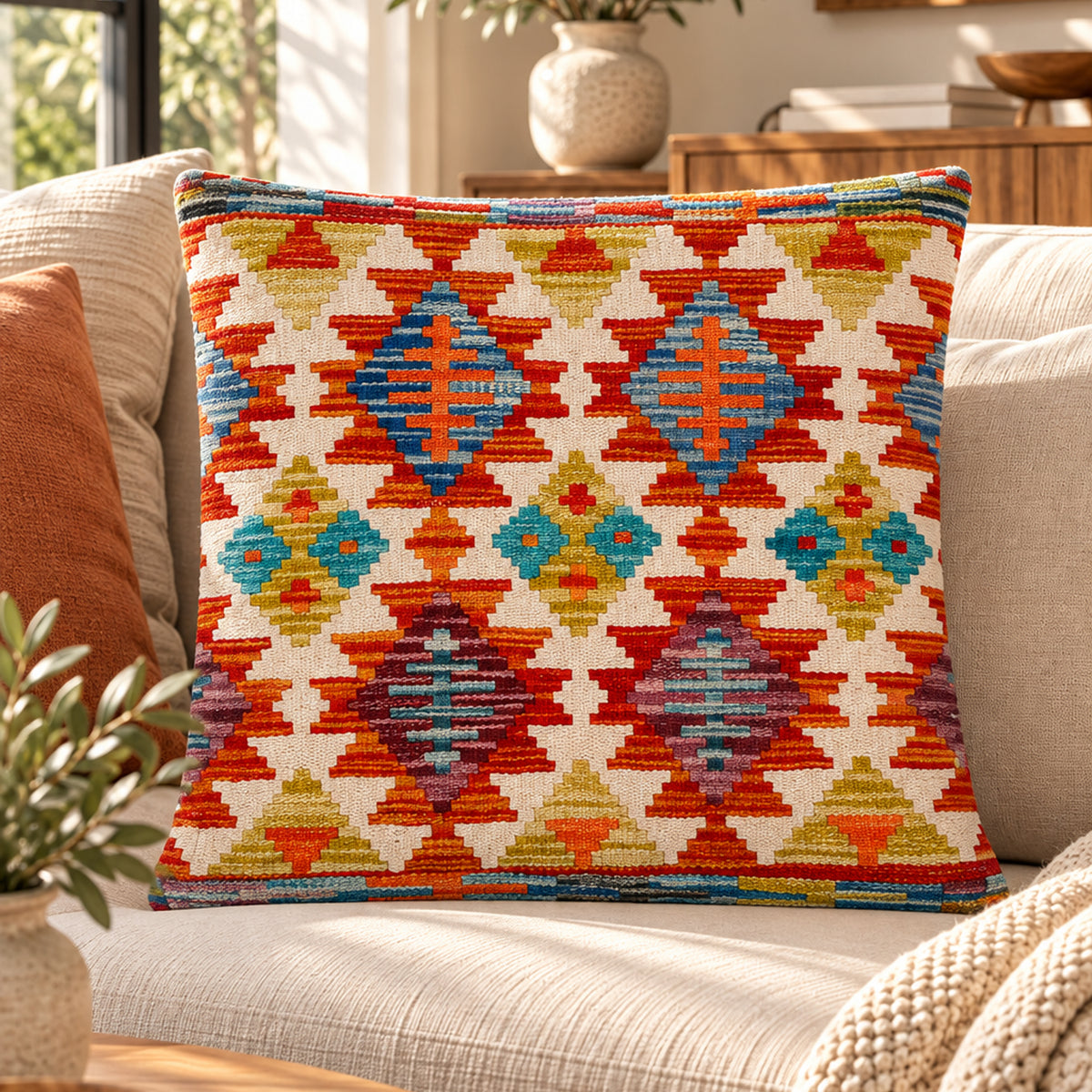 Kilim cushion cover, square, orange and blue diamond geometric pattern with border