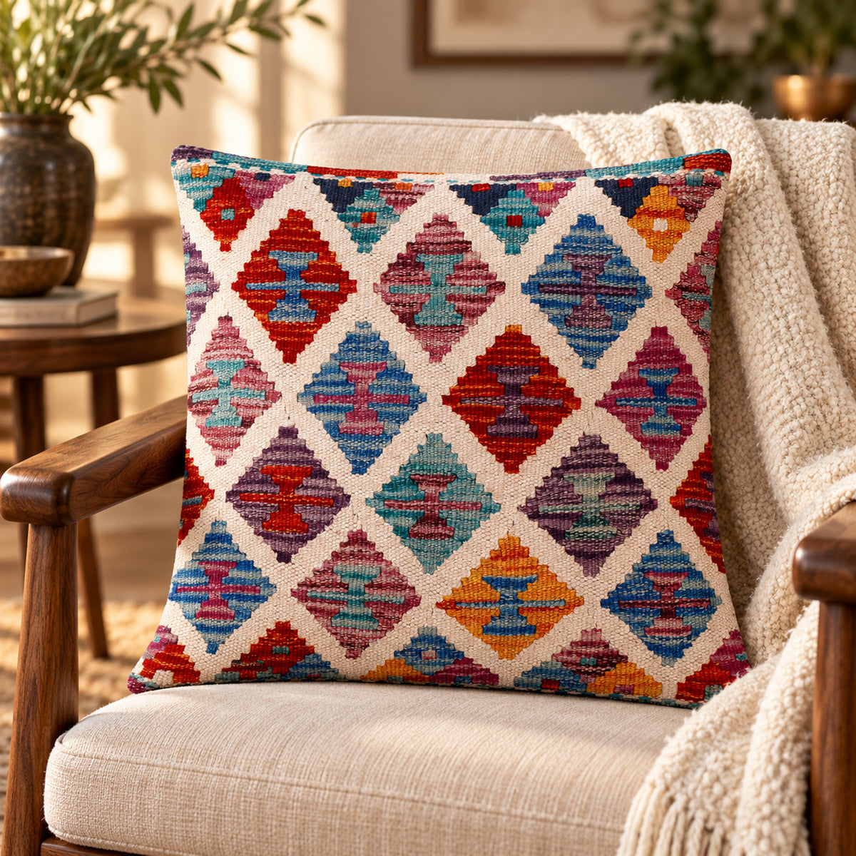 45x45 cm kilim cushion cover with multicolor diamond geometric pattern on off-white background