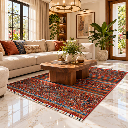 Red area rug with multicolor geometric pattern, fringed edges, on a living room floor