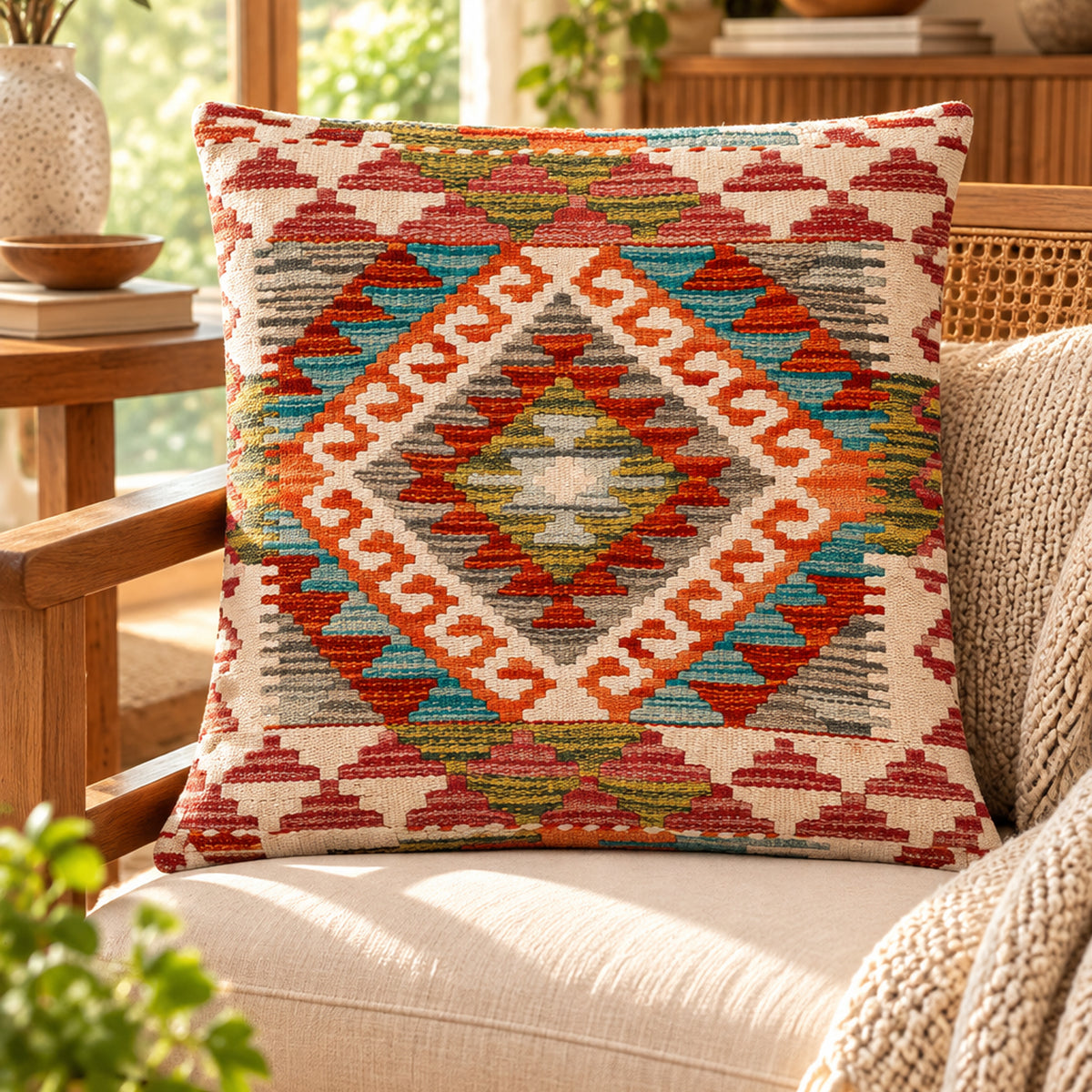 Kilim cushion cover with multicolor diamond pattern on beige ground, 45x45 cm