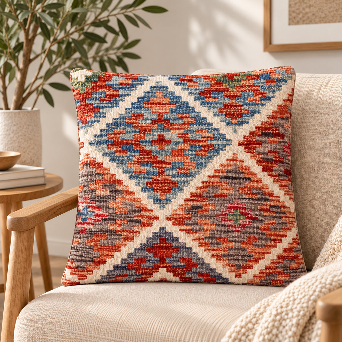 Kilim cushion cover, 45x45 cm, multicolor geometric pattern on sofa cushion