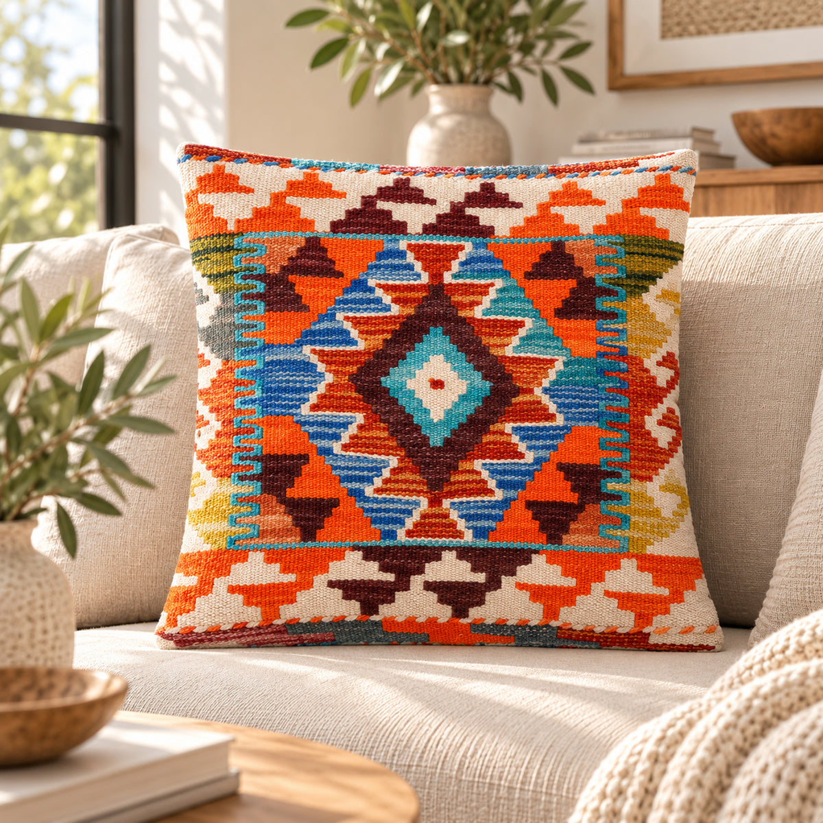 Orange kilim cushion with multicolor diamond pattern, woven front, 45x45 cm