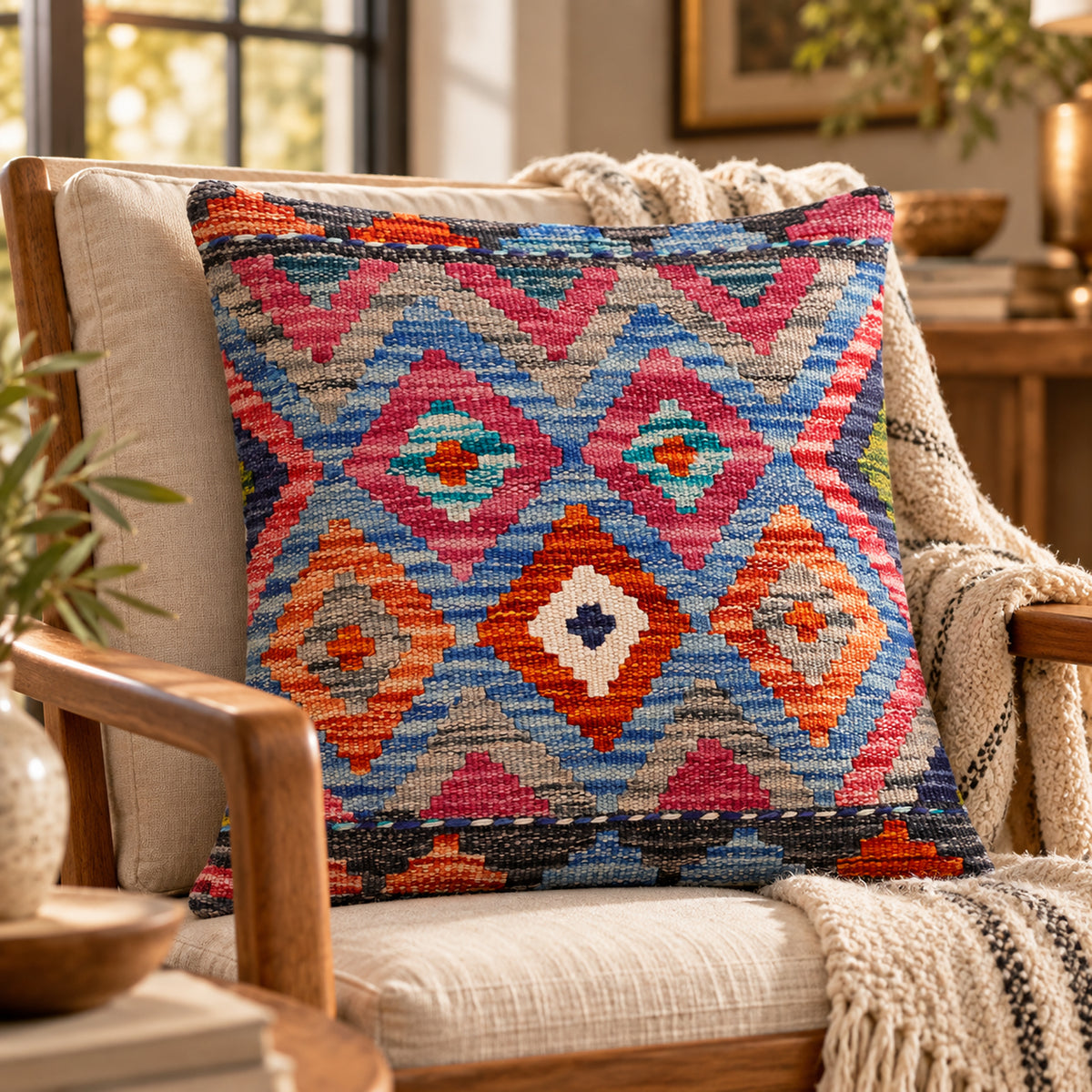 Kilim cushion on chair, multicolor diamond pattern with blue, red, orange