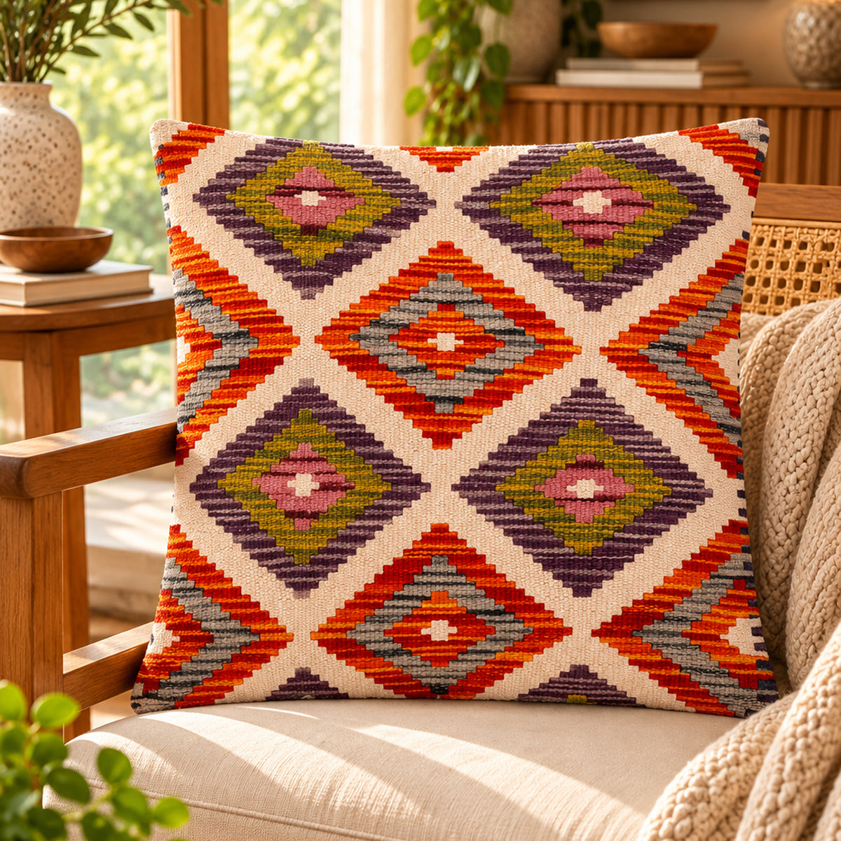Kilim cushion cover with diamond pattern in red, purple, yellow and orange on cream base