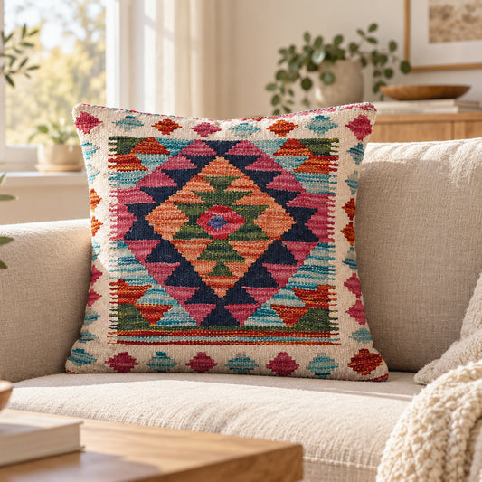 Kilim cushion cover with multicolor medallion diamond pattern, square 45x45 cm