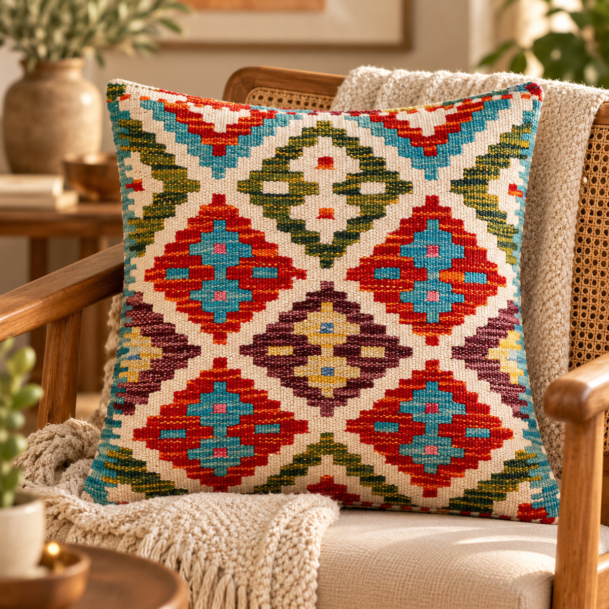 Kilim cushion cover with multicolor geometric floral pattern in red, teal, green, cream