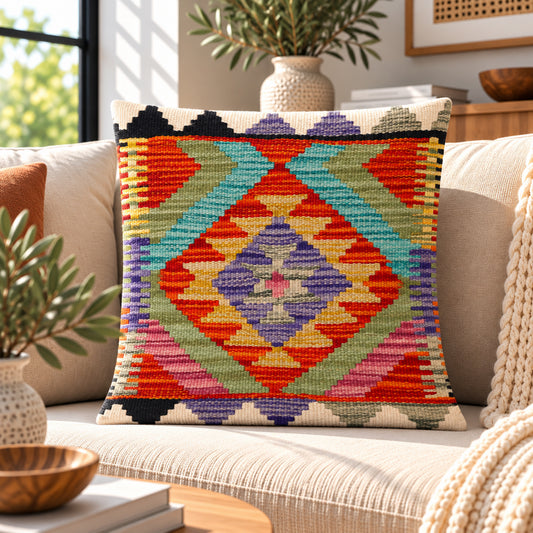 Kilim cushion with colorful geometric diamond motif on a sofa