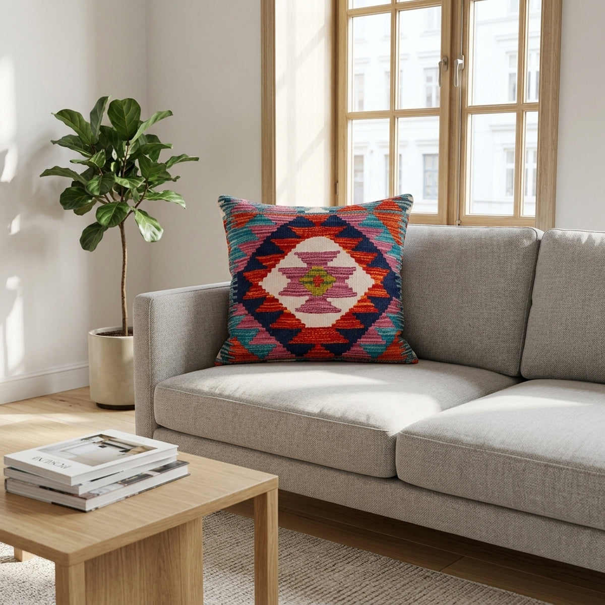 Multicolor kilim cushion on gray sofa, 45x45 cm square