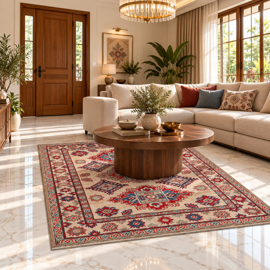Kazak red rug in living room, ornate geometric pattern with blue and red accents