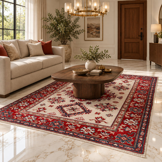 Kazak red rug on floor, cream center with red and navy geometric motifs and border
