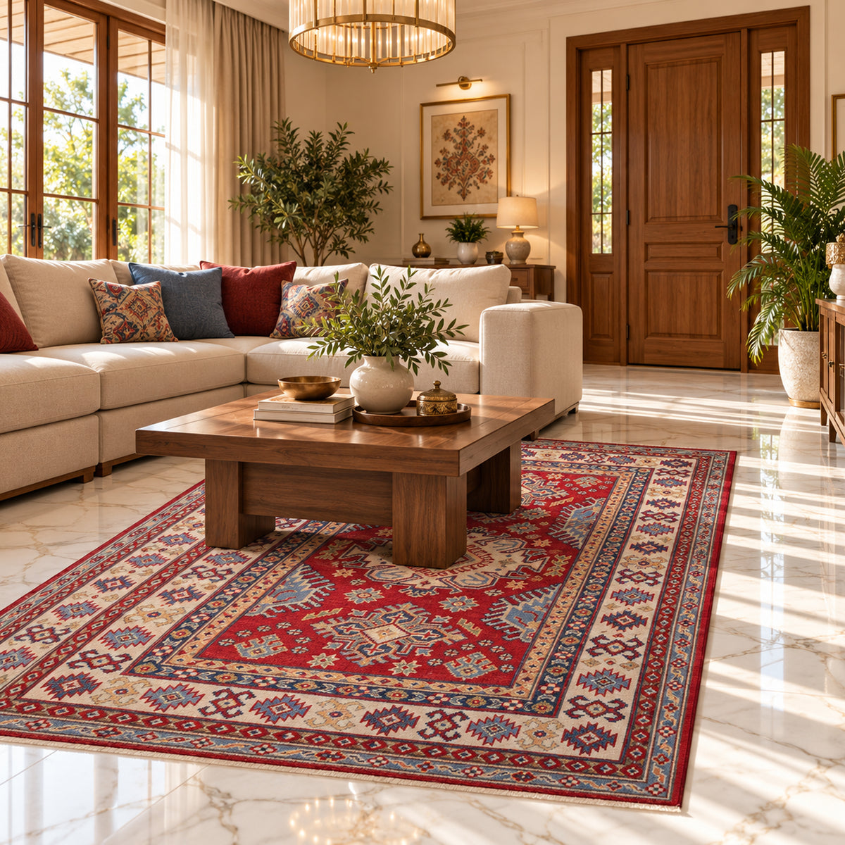 Red and blue patterned area rug with geometric motifs, 147x99 cm